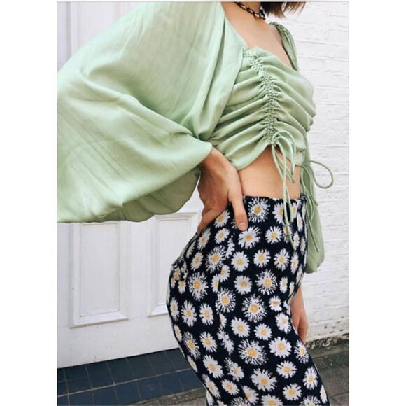 Free People laria Blouse Pleated Adjustable Drawstring Puff Sleeve bright Mint g - Picture 3 of 15